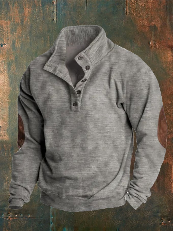 Men's Solid Color Casual Concealed Button Stand Collar Sweatshirt