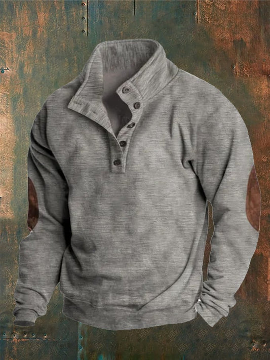 Men's Solid Color Casual Concealed Button Stand Collar Sweatshirt
