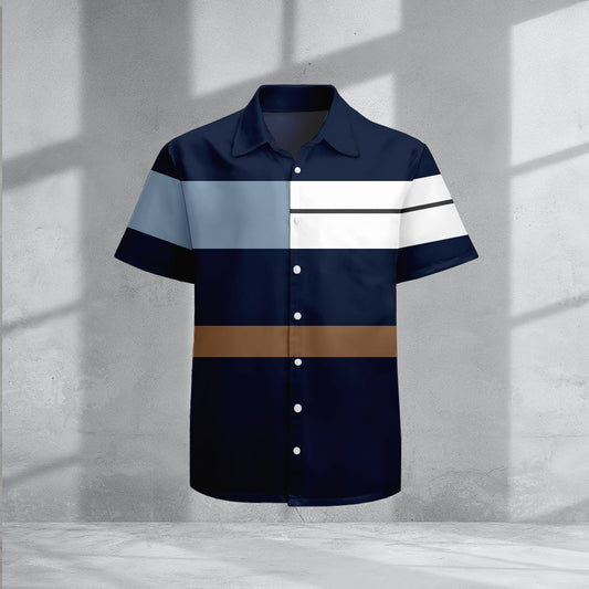 Men's Casual Navy Blue & White Color Matching Geometric Printed Short-Sleeve Shirts