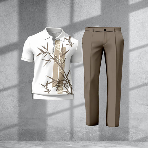 Men's Casual White Bamboo Printed Polo Short-Sleeve T-Shirt And Pants Two-Piece Set