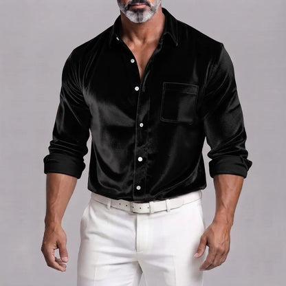 Men's Velvet Solid Color Button-Down Chest Pocket Long Sleeve Shirt