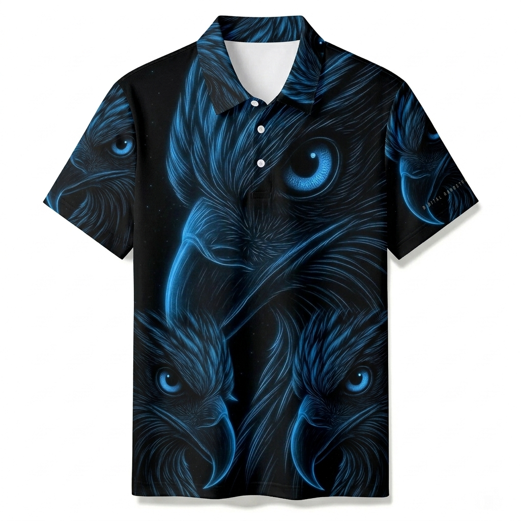 Men's Summer Fashion Royal Blue Eagle Printed Polo Short-Sleeve