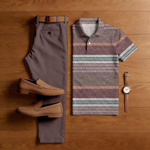 Men's Casual Red Brown & Multi Color Matching Striped Printed Short Sleeved Polo Shirt & Trousers Two-Piece Set