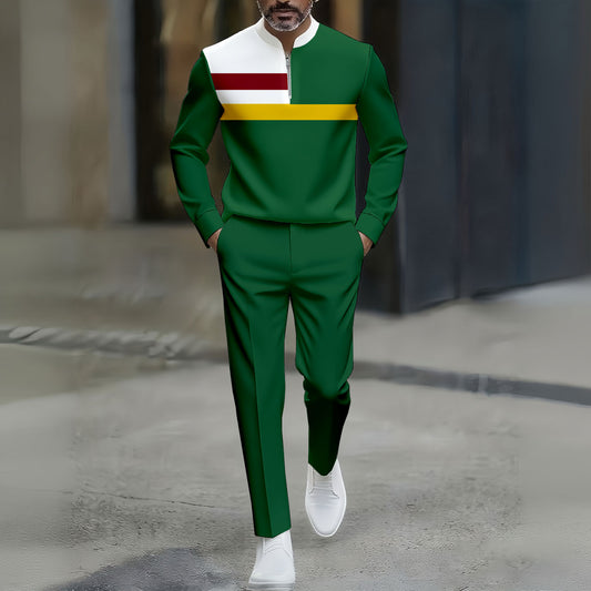 Men's Casual Color-Blocked Print Polo Collar Zipper Long Sleeve And Pants Two-Piece Set
