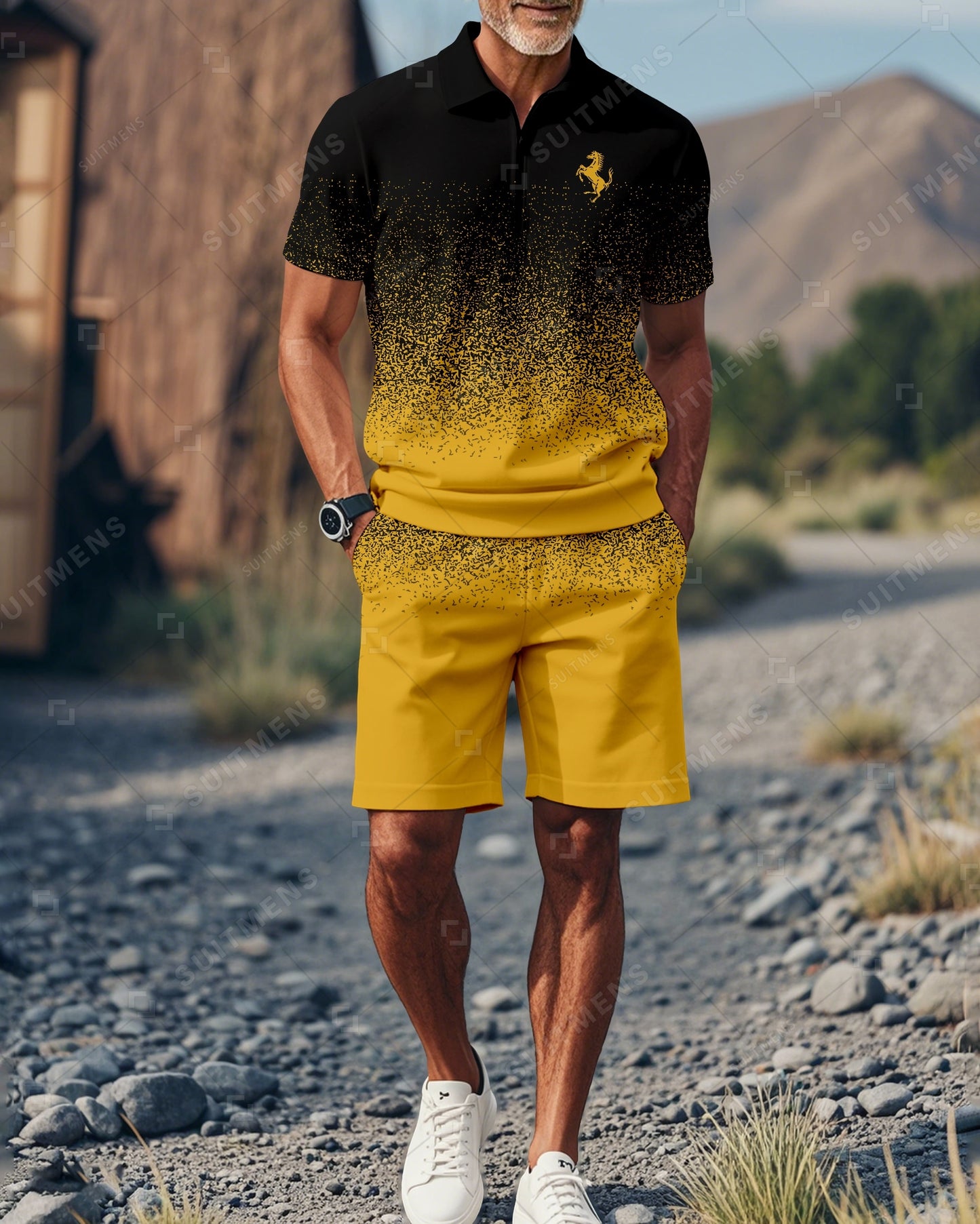 Men's Gradient Colorblock Summer Polo Short Sleeve Shorts Suit 01
