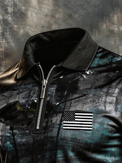 Men's Retro "Patriot" Color-Block Short-Sleeve Half-Zip Polo Shirt