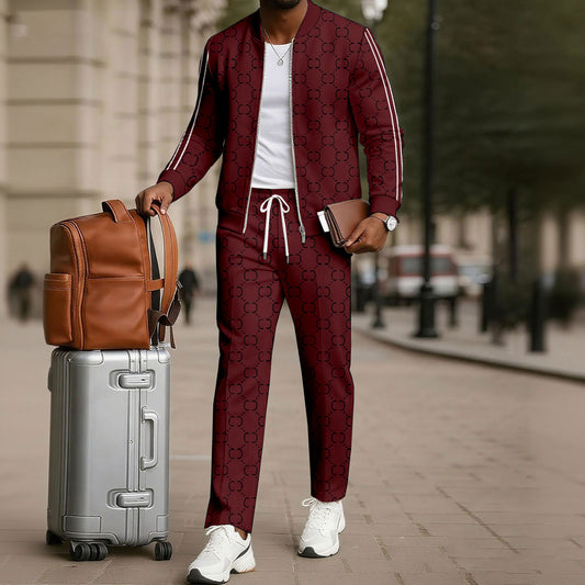 Men's Two-Piece Set: Color-Blocked Printed Zip-Up Cardigan and Pants