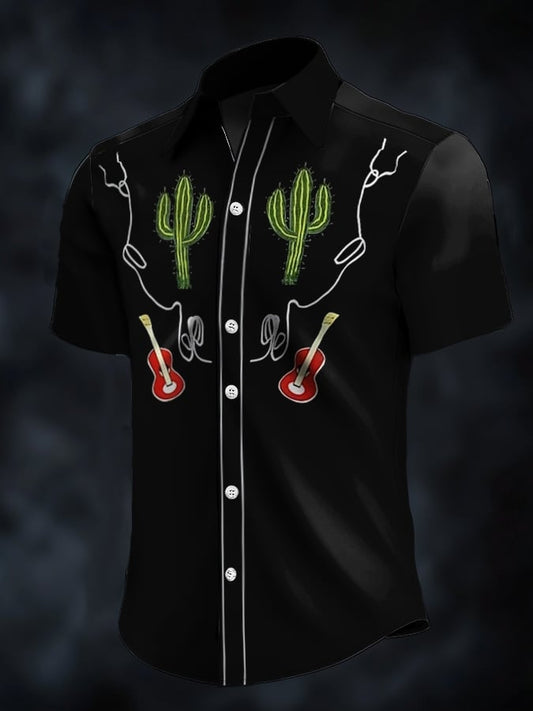 Men's Retro Western Contrast Print Short Sleeve Casual Shirt