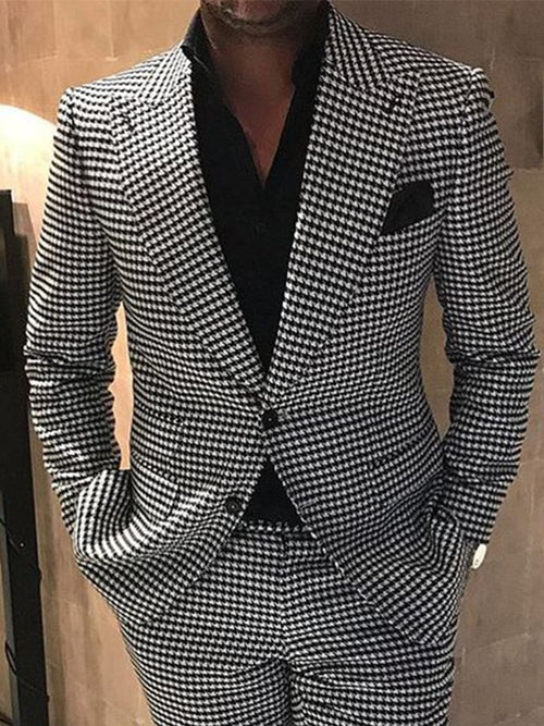 Men's Business Single-Breasted Small Houndstooth Two-Piece Suit