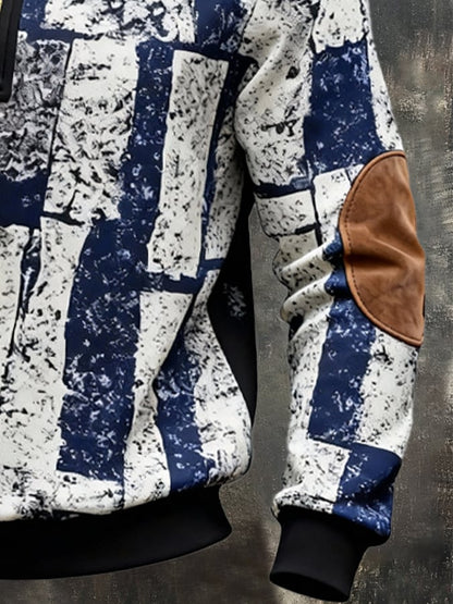 Men's Retro Color Block Print Zipper Sweatshirt