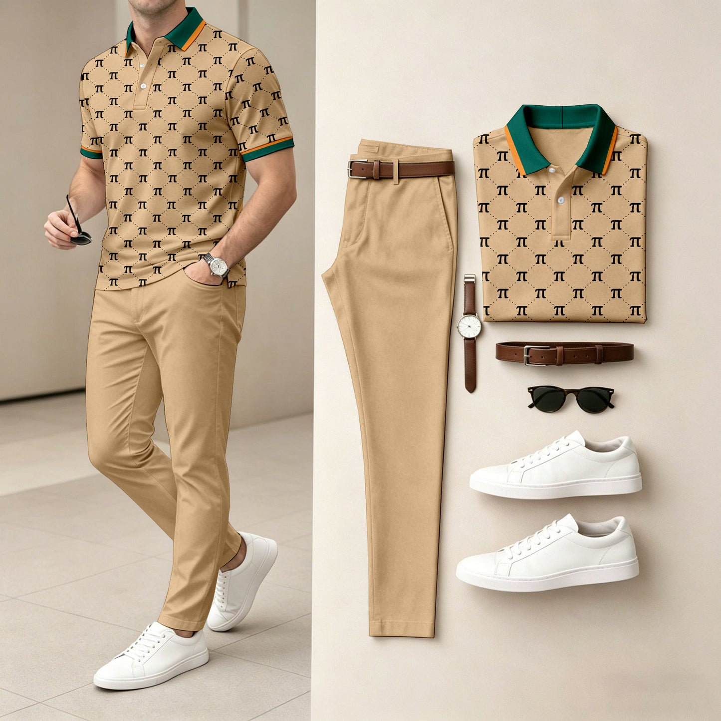 Men's Printed Short-Sleeve Polo Shirt and Long Pants Two-Piece Set