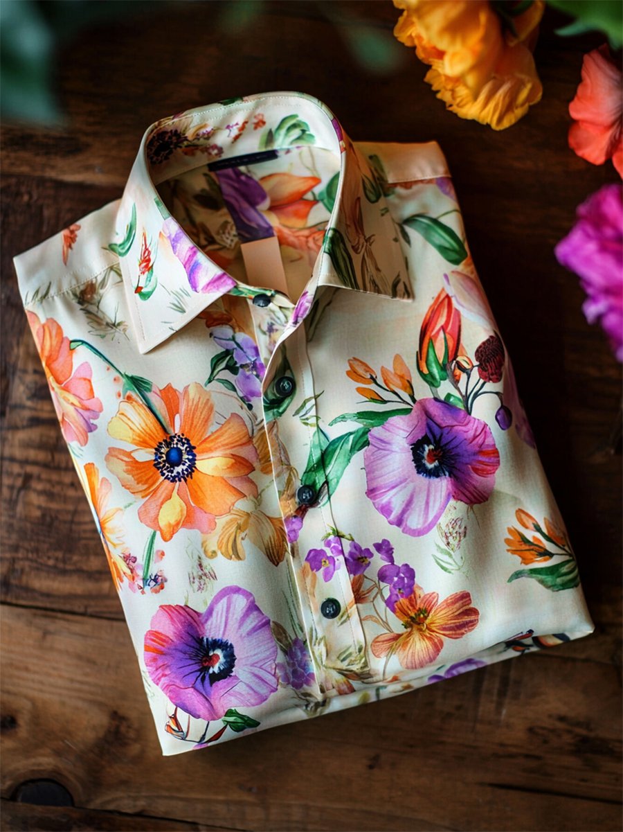 Men's Satin Luxe Hawaiian Print Short Sleeve Button Shirt