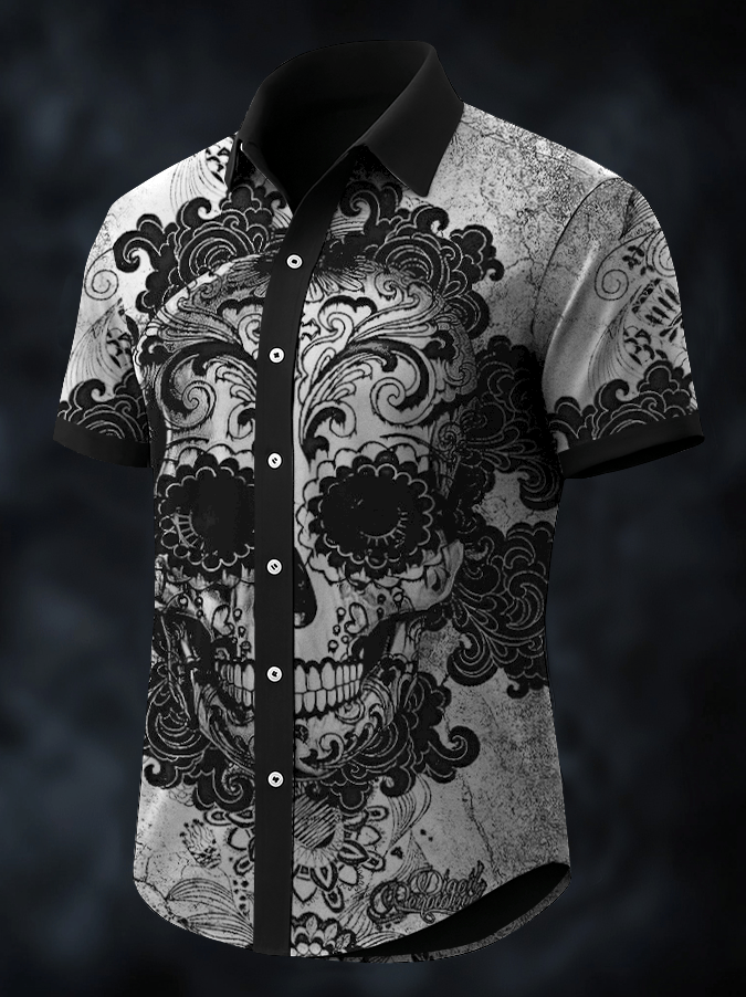 Men's Dark Skull Print Vintage Casual Shirt