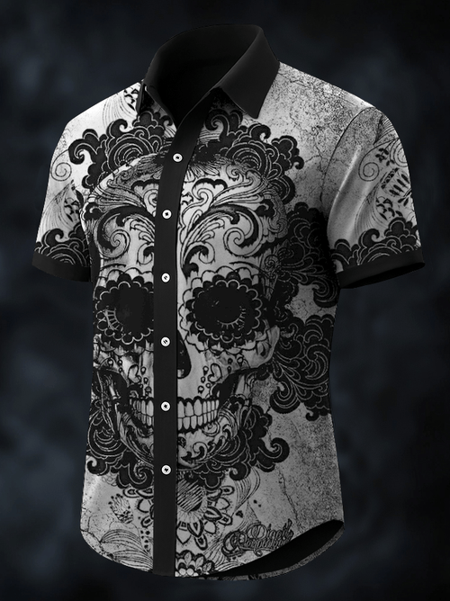 Men's Dark Skull Print Vintage Casual Shirt