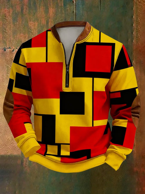 Men's Retro Bauhaus Geometric Style Print Quarter Zip Sweatshirt