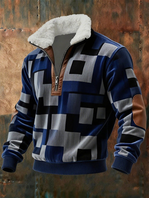 Men's Retro Geometric Quarter Zip Fleece Neck Sweatshirt