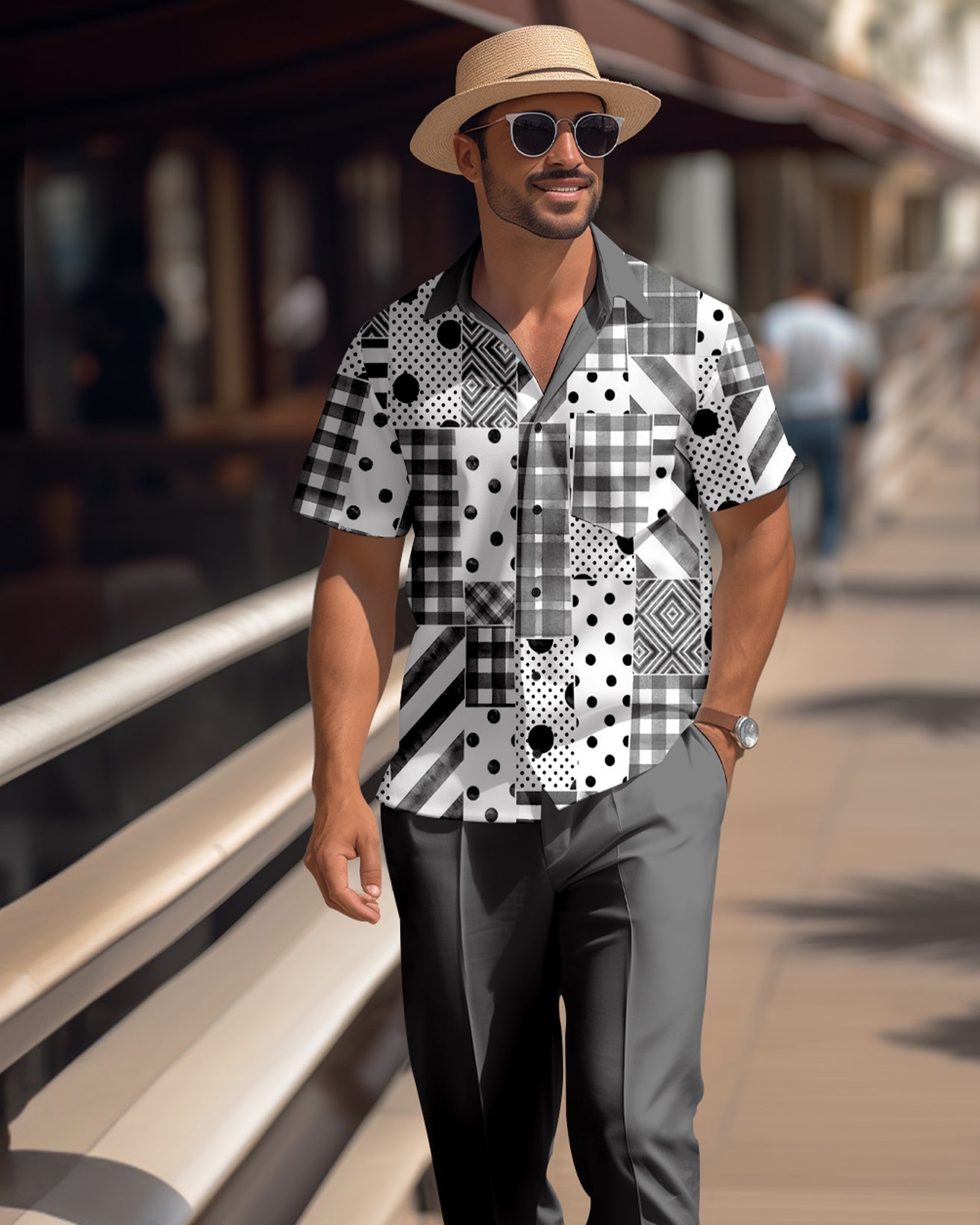 Men's retro colorblock short-sleeved shirt walking Suit 1668