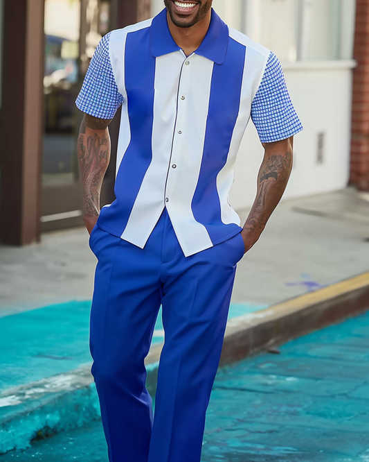 Men's Textured Short Sleeve Printed Two-Piece Walking Pants Set 055