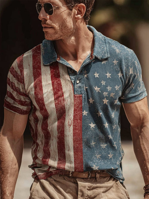 Men's retro Independence Day flag print lapel short sleeve polo shirt