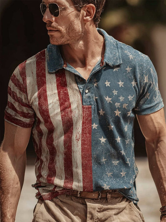 Men's retro Independence Day flag print lapel short sleeve polo shirt
