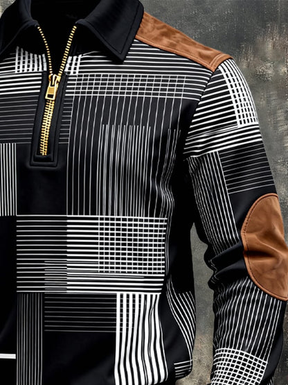 Men's Retro Color Block Print Zipper Sweatshirt