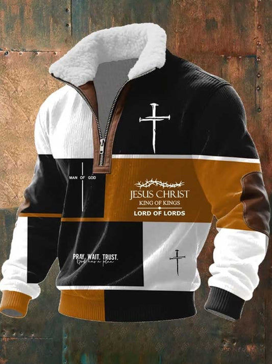 Men's Retro Faith Print Zipper Fur Collar Long-Sleeve Sweatshirt