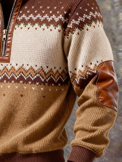 Men'S Casual Retro Contrast Color Half Zip Stand Collar Long Sleeve Sweatshirt