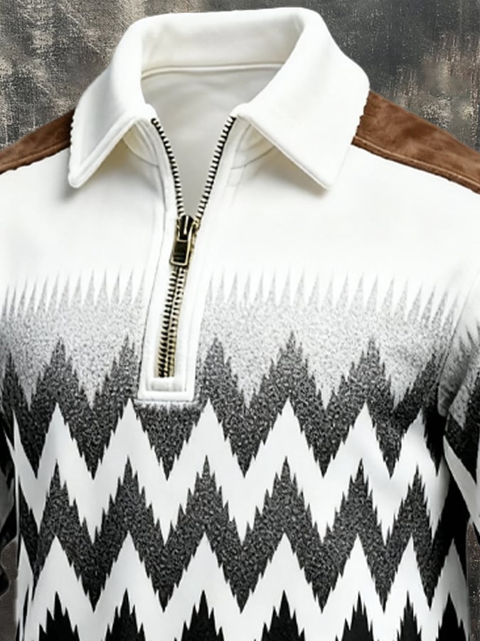 Men's Retro Color Block Print Zipper Sweatshirt