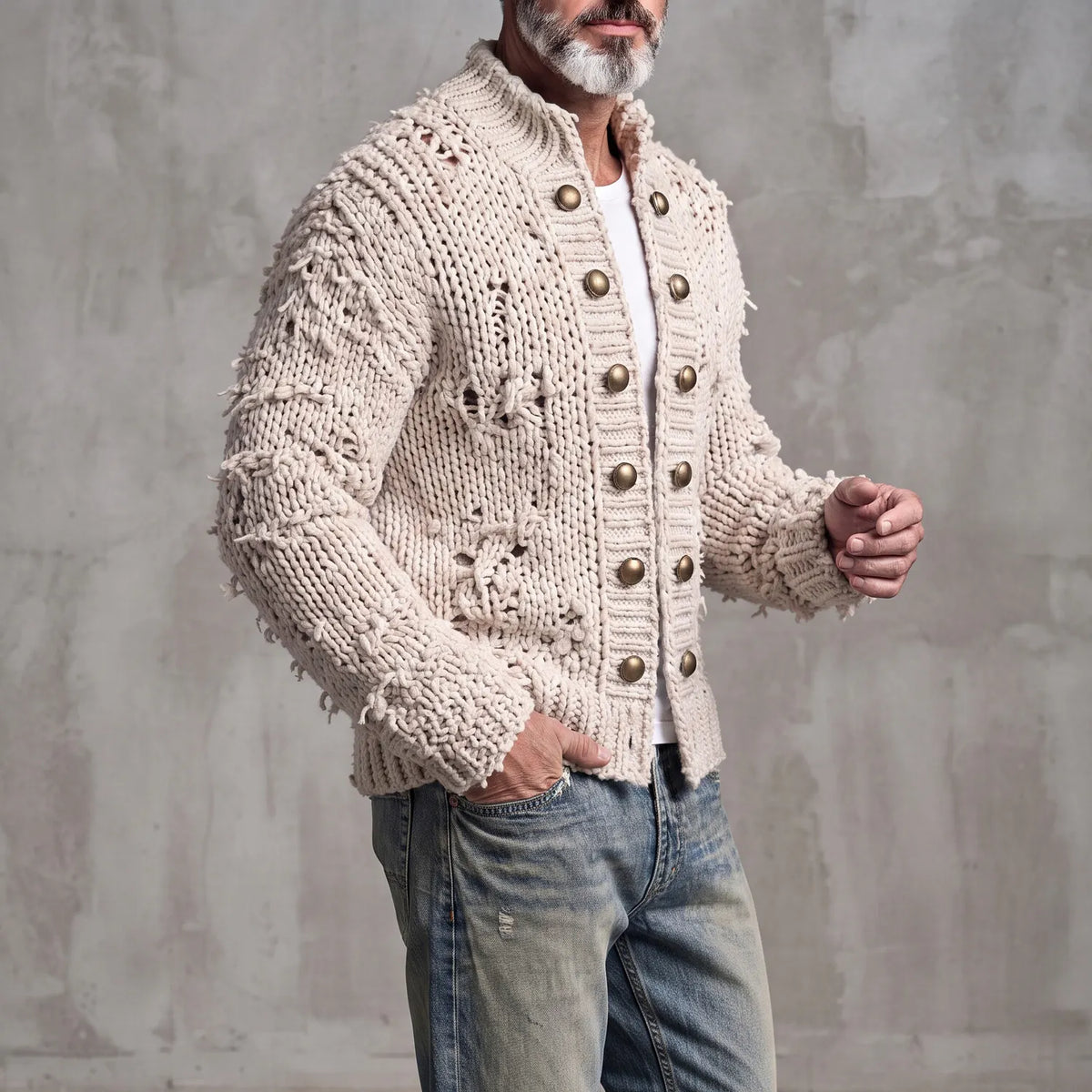 Men's Beige Stand Collar Brass Buttons Vintage Distressed Chunky Knit Cardigan
