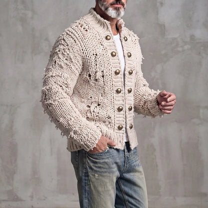 Men's Beige Stand Collar Brass Buttons Vintage Distressed Chunky Knit Cardigan