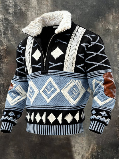 Men's Retro Color Block Print Casual Fur Collar Sweatshirt