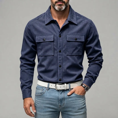 Men's Suede Solid Color Double Chest Pockets Snap Buttons Casual Long Sleeve Shirt