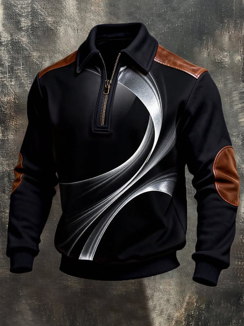 Men's Retro Color Block Print Color-Blocked Zip-Up Sweatshirt