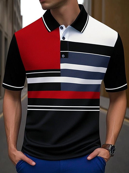 Men's Business Stripe Logo Button-Down Short Sleeve Polo Shirt