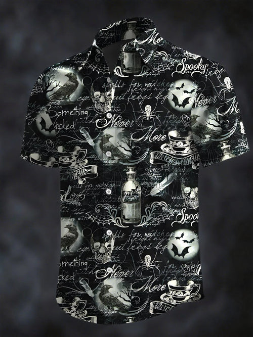 Men's Retro Horror Skull Print Lapel Short Sleeve Shirt