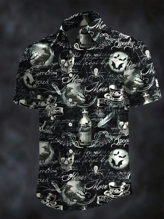 Men's Retro Horror Skull Print Lapel Short Sleeve Shirt