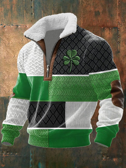 Men's Vintage St. Patrick's Day Print Long-Sleeved Sweatshirt With Fur Collar