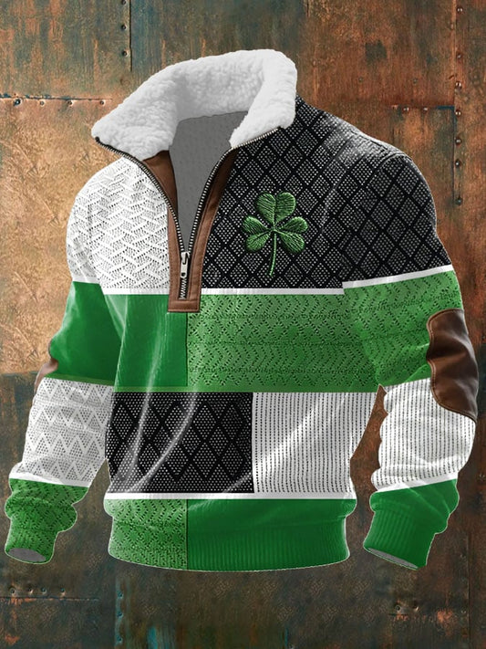 Men's Vintage St. Patrick's Day Print Long-Sleeved Sweatshirt With Fur Collar