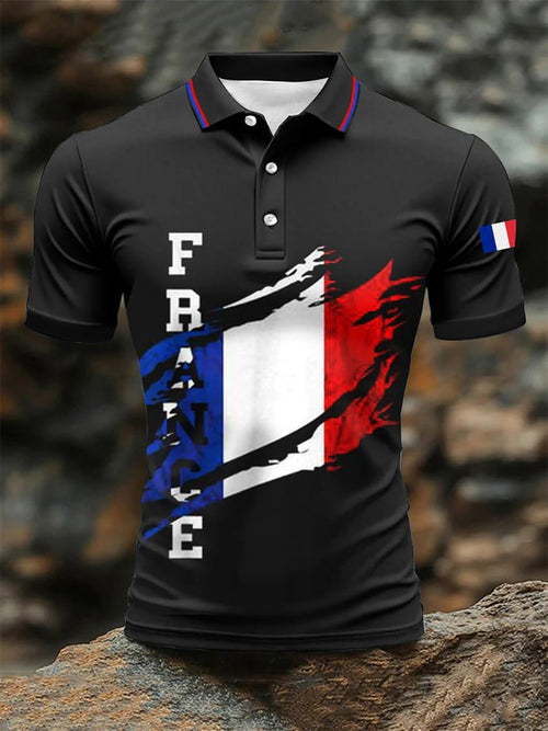 Men's Short Sleeve French Color-block Art Print Button POLO Shirt