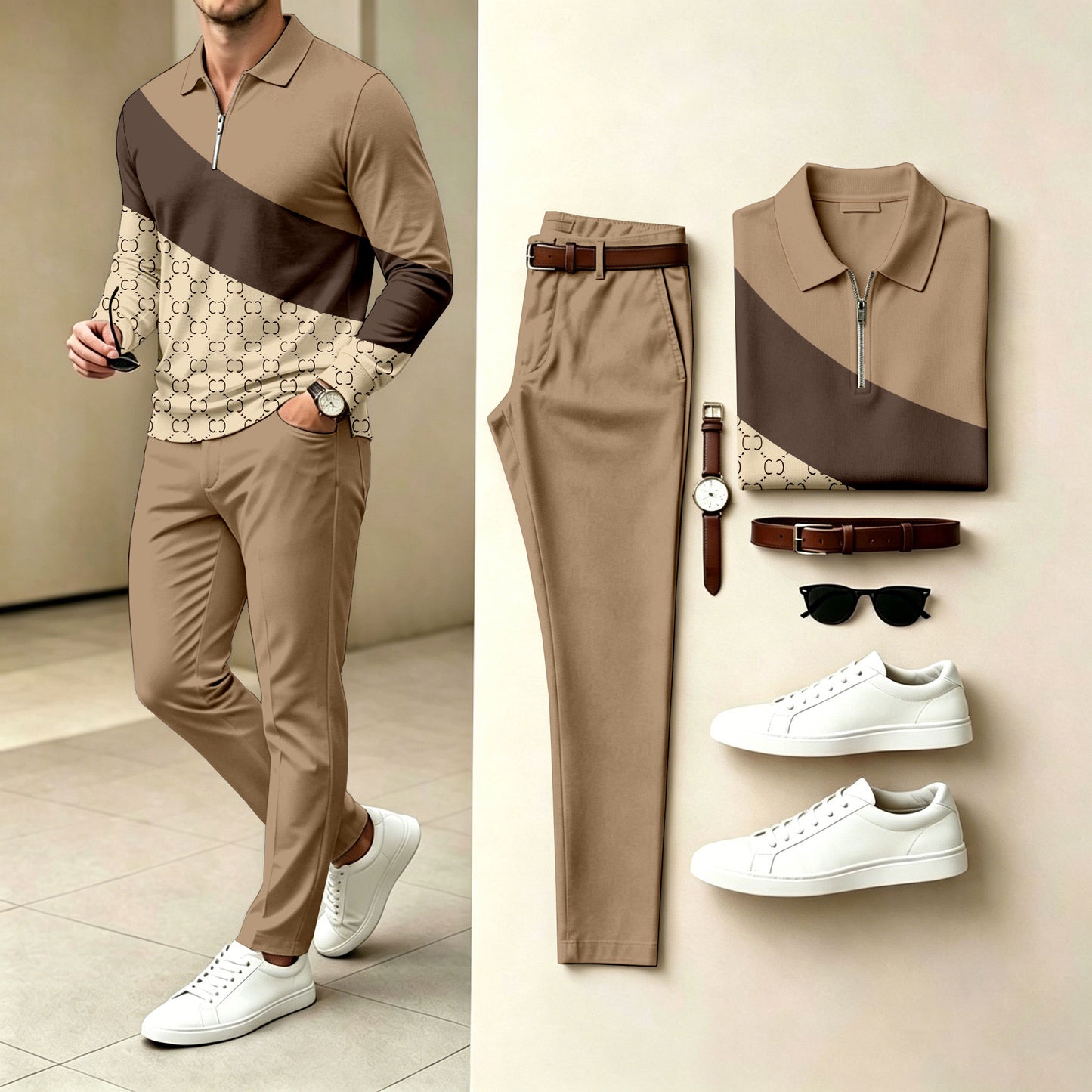 Men's Two-Piece Set: Patchwork Polo-Collar Zipper Long-Sleeve Shirt and Pants