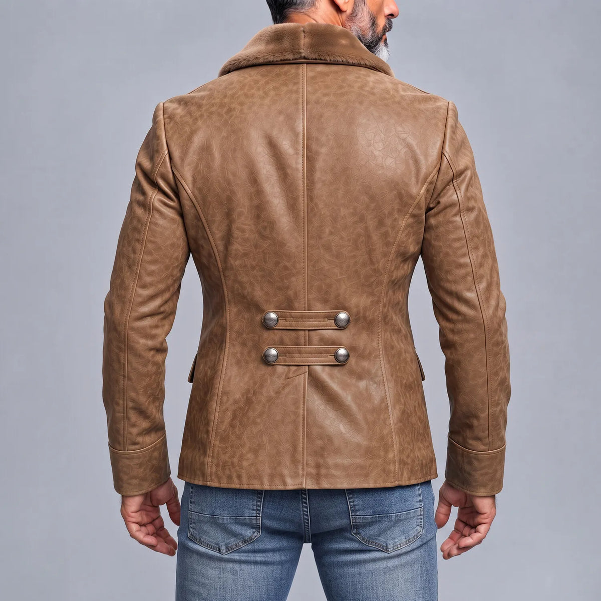 Men's Camel PU Leather Contrast Fuzzy Collar Double Breasted Slim Fit Vintage Blazer
