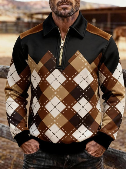 Men's Retro Color Block Print Zipper Sweatshirt
