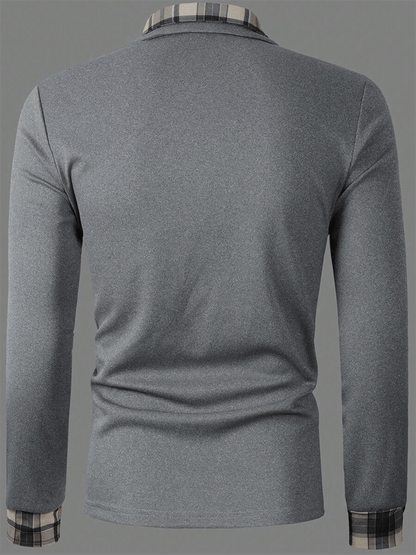 Men's Plaid Business Casual Long Sleeve Polo Shirt