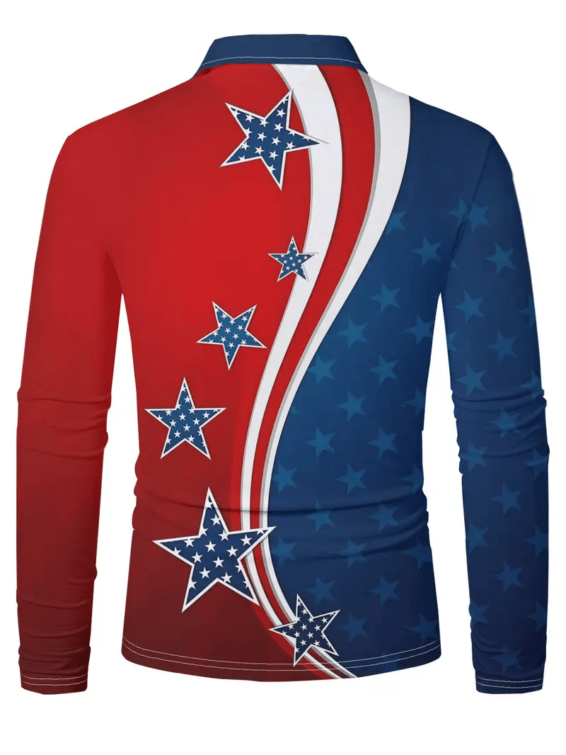 Men's Retro Business Stripe Print Long Sleeve Polo Shirt