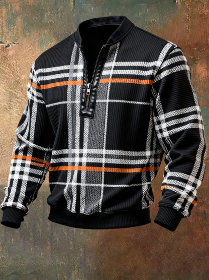 Men'S Casual Retro Contrast Color Half Zip Stand Collar Long Sleeve Sweatshirt