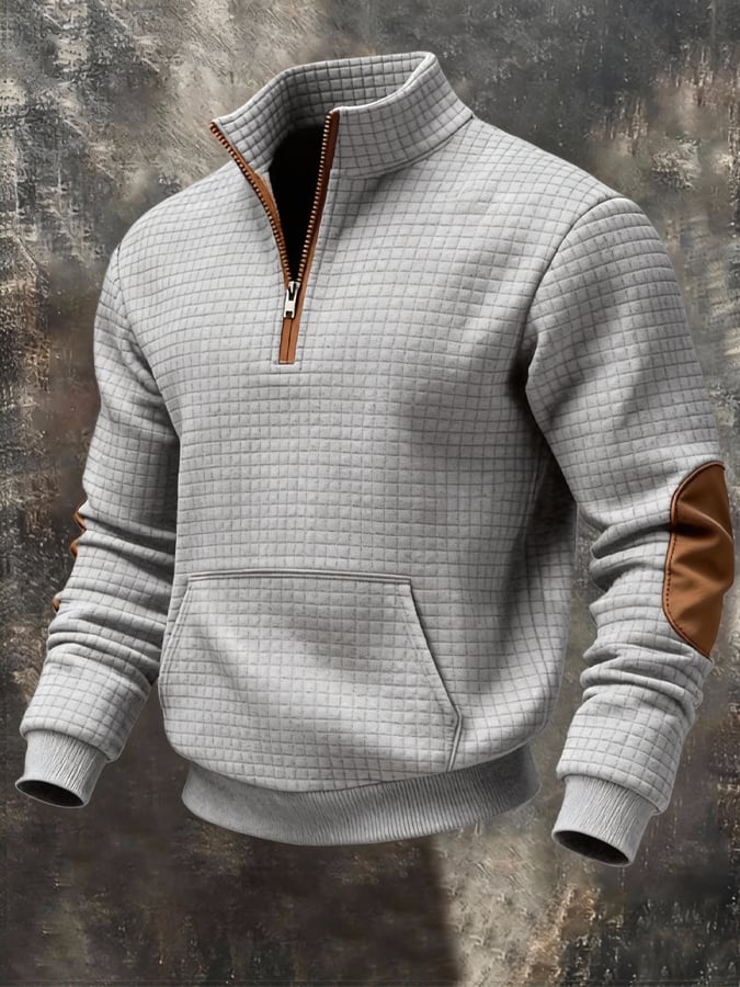 Men's Retro Jacquard Textured Patchwork Comfortable Color-Blocked Zip-Up Sweatshirt