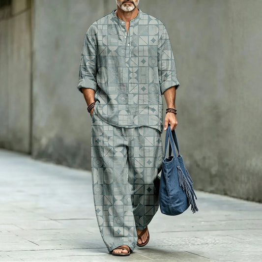 Men's Geometric Color-Block Stand-Collar Polo Shirt and Long Pants Two-Piece Suit Set