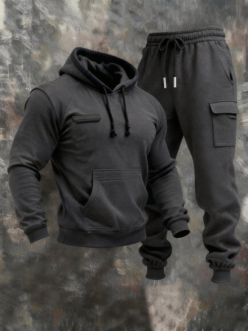 Men's Retro Stitching Contrast Color Hooded Casual Sweatshirt Suit