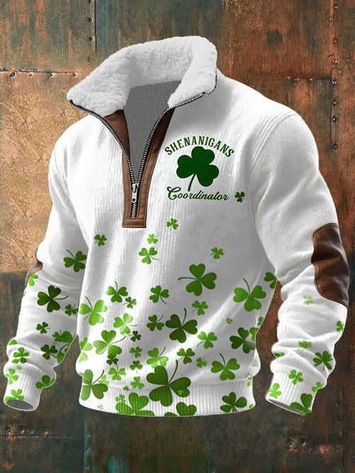 Men's Vintage St. Patrick's Day Print Long-Sleeved Sweatshirt With Fur Collar