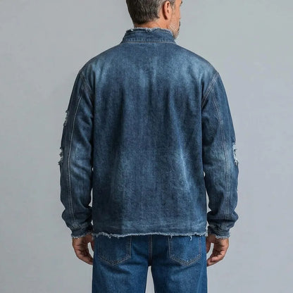 Men's Vintage Stand Collar Half Zip Chest Pocket Frayed Hem Long Sleeve Pullover Denim Sweatshirt